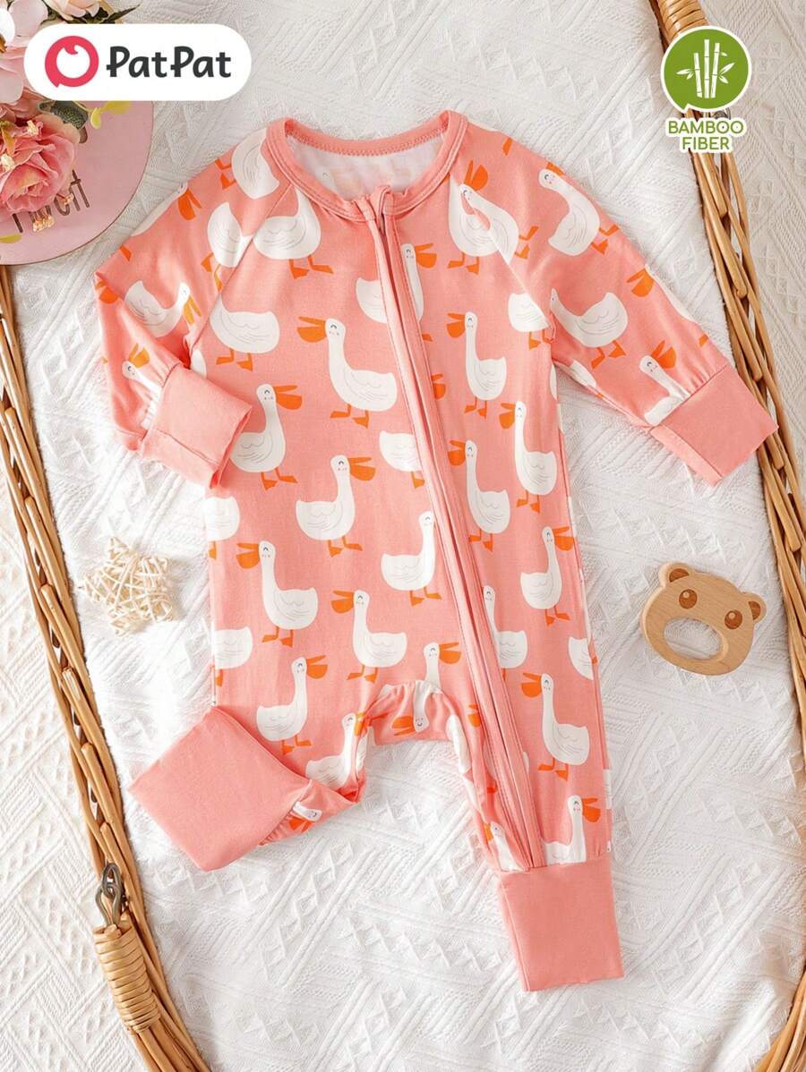 PP Bamboo Fiber Long Sleeve Jumpsuit With Cartoon Goose Print For Baby Girl - 粉色 - 查看 1