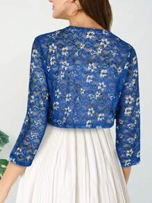 Yukiwi Women's Floral Print Sheer Open Front Lace Jacket,Vacation Daily Clothes - Royal Blue - View 2