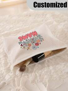 Customizable Makeup Bag - Polyester Makeup Bag With Secure Zipper And Personalized Name, Flower Pattern Makeup Bag, Lightweight Travel Makeup Bag, - Ideal Travel Accessory, Men And Women Beauty Storage Bag, Casual Style, Hand Washable, Party Gift For Close Friends And Sisters - Beige - View 4