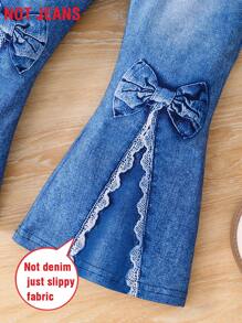 2 Pieces Girl's Outdoor Casual Sports Jogging Running Outfit For Elementary School, Includes Sleeveless White Top With Butterfly Print And Elastic Waist Denim-Effect Flared Pants, Lightweight Summer Wear For Young Girl