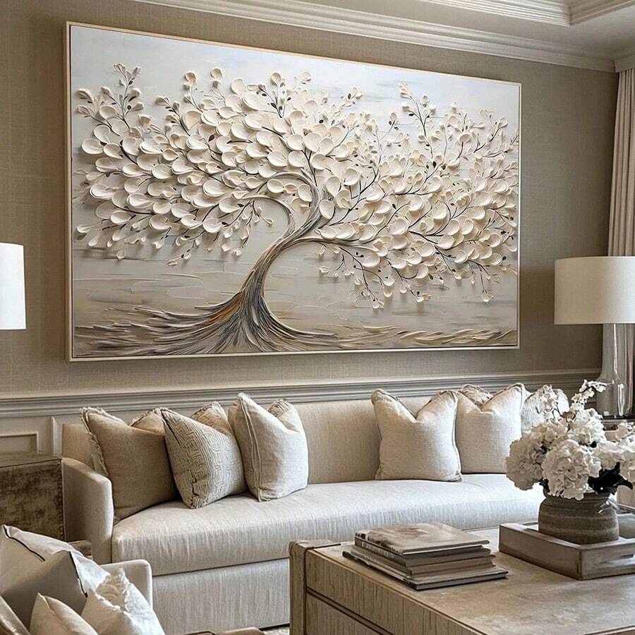 Tranh in nghệ thuật trừu tượng cây cối 2D hiện đại, nghệ thuật tối giản cây nâu, trang trí tường phong cảnh đương đại không có khung cho phòng khách, phòng ngủ, nhà bếp, không có khung - Màu be - Xem 1
