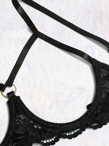 女士黑色性感蕾丝内衣套装 - 蝴蝶结装饰文胸和开裆蕾丝坦加内裤，适合外出穿着 - 黑色 - 查看 7