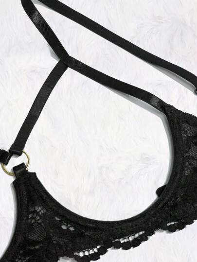 Zwart Verleidelijke Kanten Lingerie Set Featuring Bowknot Bralette Open Crotch Tanga Panties Going Out view 7