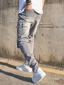 Quần Jeans Nam Phong Cách Mới Thời Trang Âu Mỹ Hiphop Cargo Co Giãn Ôm Vừa Nhiều Túi Thường Ngày - Xám - Xem 5