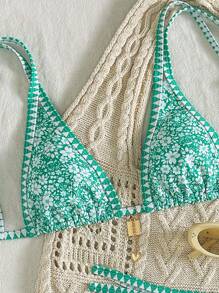 2pcs Women's Ditsy Floral Halter Backless Bohemian Style Bikini Set, Swimwear For Holiday/Vacation, Spring/Summer