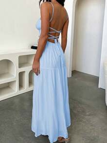 WOWDARK Women Spaghetti Strap Backless A-Line Vacation Dress, Spring Wedding Guest Dress, Party Dress, For Cocktail - Blue - View 3