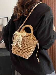 Yogodlns Luxury Designer Lace Bow Straw Weave Women's Handbag Crossbody Bag Small Bucket Tote Summer Beach Bag Casual Hollow Out Weaving Shoulder Bags For Women Small Square Crossbody Bag Purse Female Fashion Handbag Clutch