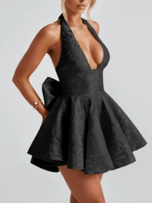 WOWDARK Summer Dress, Black Elegant Backless Bowknot Spaghetti Strap V-Neck Jacquard Party Dress For Women, Suitable For Valentine's Day, Dates, Gatherings, Parties, Travel, Vacation, Beach And Other Occasions - Black - View 11