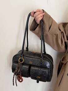 Women's Retro Solid Color PU Leather Shoulder Bag, Multi-Pocket Large Capacity, Comes With Detachable Pendant - Black - View 6