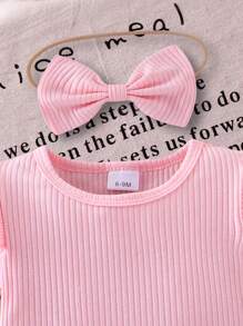 3 件套女婴时尚休闲套装：粉色罗纹针织盖袖上衣、带蝴蝶结装饰的松紧腰牛仔裙和粉色蝴蝶结发带 - 粉色 - 查看 5