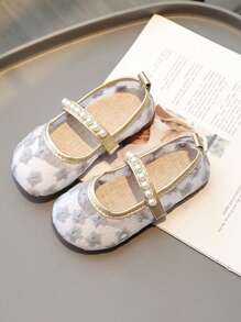 1 Pair Kids Gray Flat Shoes, Girls Pearl Decor Hook And Loop Casual Sandals, Simple Fairy Style For Summer Outdoor Versatile - Grey - View 3