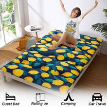 Twin/Full Size Japanese Futon Mattress, Modern Foldable Thick Tatami Floor Mat With Lemon Pattern, Portable Washable Sleeping Mat With Comfortable Foam For Camping, Dormitory, Blue Black Light Grey