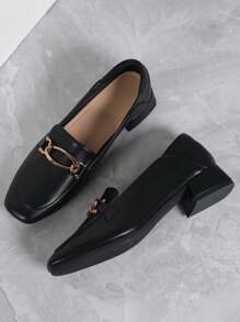 Women's Black Chunky Heel Casual Versatile Work Shoes, Fashion Square Toe Loafers For Spring, Autumn, Winter
