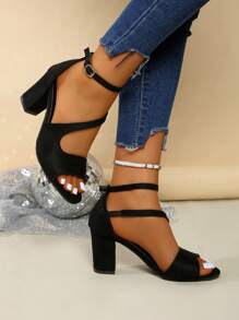 大码女式粗跟露趾凉鞋，新款优雅休闲高跟鞋，时尚假日凉鞋 - 黑色 - 查看 5