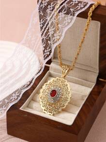 1pc French Romantic Middle Eastern Saudi Arabian Palace Style Hollow Metal Rhinestone Pendant Necklace, Suitable For Wedding, Party, Holiday, Mother's Day Gift (Necklace Only, No Box) Valentine's Day Accessories