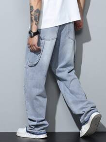 Loose Denim Cargo Pants With Ripped Patchwork Design, Fashionable Washed Cotton Jeans