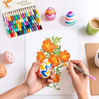 Chen Rui 12/24/36/48/60/80 Colors Dual Tips Acrylic Paint Markers Brush & Fine Tip Acrylic Paint Pens For Wood, Rocks, Canvas, Pumpkins, Fabric Markers Set For Glass, Plastic, Ceramic, DIY, Easter,Graffiti, Art Creation, Non-Fading On Paper, And Washable, Back To School