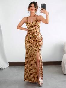 Vestido sexy noche tejido estampado tipo mosaico brilloso satinado escote en V tirantes delgados corte ajustado en cintura bajo recto  abertura lateral posterior cintas delgadas ajustables ideal para evento boda cocktail dìa noche calor primavera verano - Rosa - Ver 3