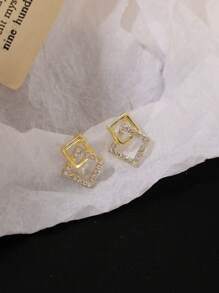 1 Pair Minimalist Geometric Square Stud Earrings With Rhinestones, Suitable For Women Daily And Festival Wearing - Gold - View 1