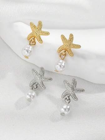 两对海星珍珠吊坠耳环，适合日常佩戴，母亲节礼物