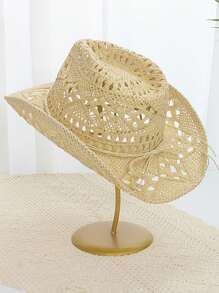 1pc Men's Summer New Hollow-Out Solid Color Straw Hat, Breathable Sun Hat, Outdoor Vacation Hat, Personalized Casual Style Woven Hat, Suitable For Spring & Summer Outdoor, Vacation, Travel