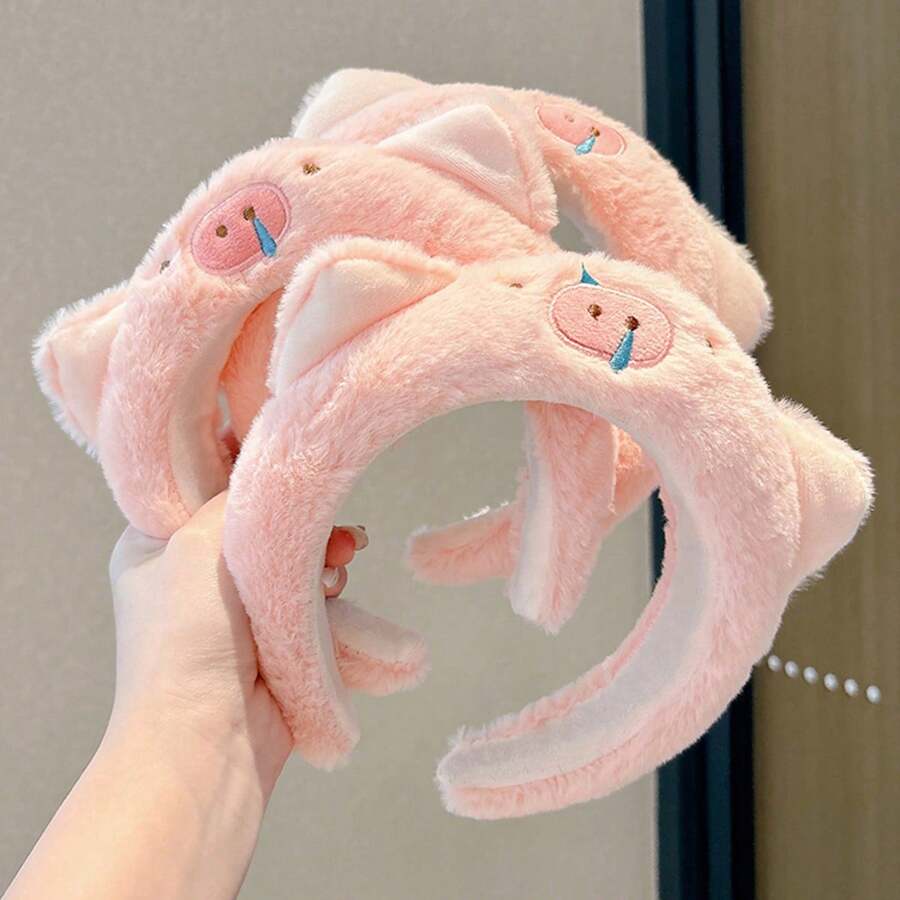 Bandă de păr drăguță din pluș cu model de porc roz, accesoriu de păr în stil animal, cerc de păr la modă, potrivită pentru spălarea feței și coafura, decor de baie pentru casă, decor de toamnă, înapoi la școală
