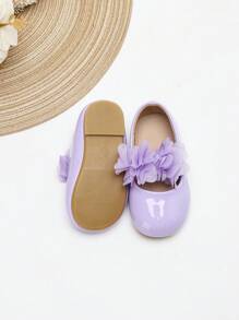 1双女童手工花朵绑带PU皮防滑圆头平底甜美柔软可爱新款韩版多巴胺小皮鞋芭蕾平底鞋 - 紫色 - 查看 6