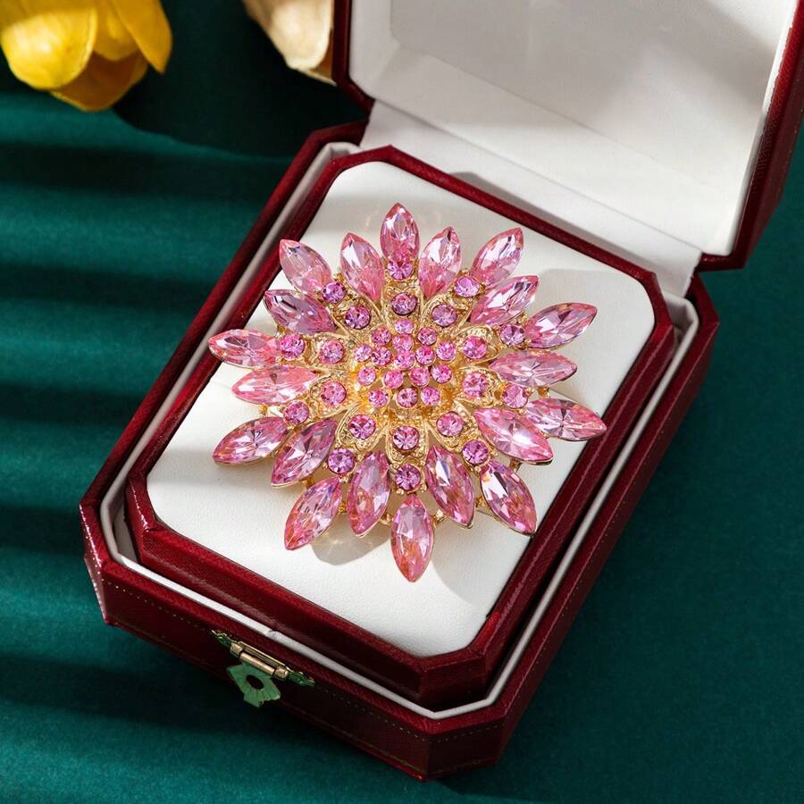 1pc Flower Crystal Rhinestone Sunflower Brooch Pin, Women Accessory Gift - Pink - View 1