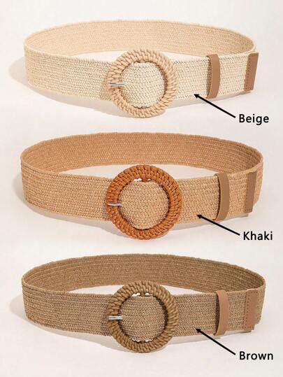 1 pieza Cinturón de mujer de paja trenzada con hebilla redonda de PP, estilo bohemio para primavera/verano, atuendo de playa, vacaciones, escuela en otoño, Halloween