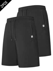 2 chiếc quần short thể thao du lịch đi bộ đường dài ngoài trời màu trơn cạp chun nhẹ cho nam mùa hè - màu đen - Xem 1