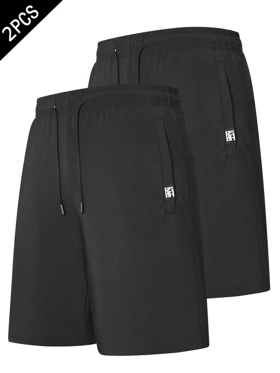 2 chiếc quần short thể thao du lịch đi bộ đường dài ngoài trời màu trơn cạp chun nhẹ cho nam mùa hè - màu đen - Xem 1