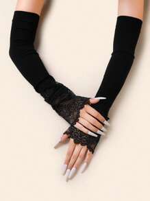 1 对蕾丝边露指袖套，轻便透气防晒手套，弹性性感遮盖纹身/疤痕，适合驾驶
