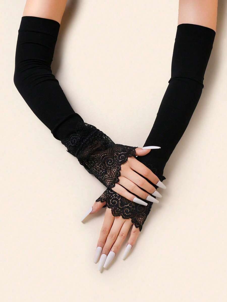1 对蕾丝边露指袖套，轻便透气防晒手套，弹性性感遮盖纹身/疤痕，适合驾驶
