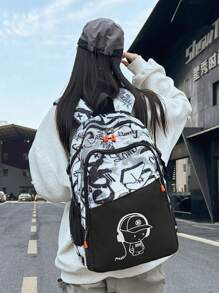 1 Pc Fashionable Retro Cartoon Graffiti Travel School Bag.Lightweight School Bag.College Backpack.Portable Large Capacity Student Laptop Bag.School Backpack With Multi Pockets. Business Casual Commute Bag. College Bag - Black - View 10