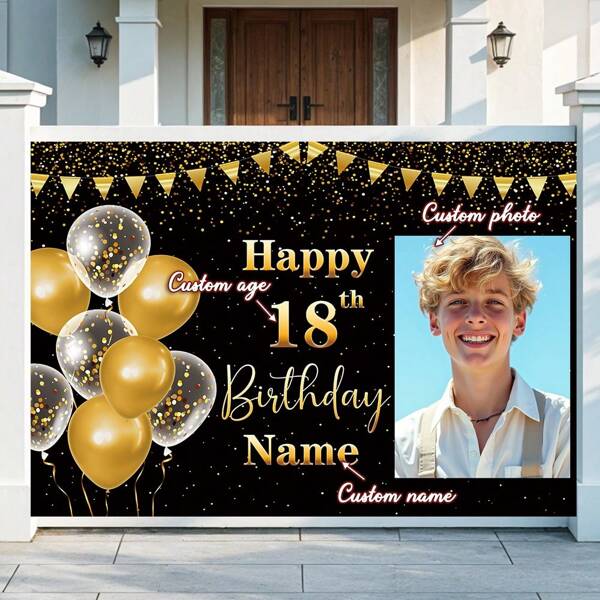 1pc Custom Portrait, Name, Age Birthday Party Banner, Polyester Fabric, Hanging Flag Shiny Celebration Black Gold Theme Photo Backdrop, Personalized Happy Birthday Banner, Suitable For Cake Table, Home, Outdoor Yard Decor, 3 Size Options Mother's Day Graduation,Multi-Functional,Adjustable, Ornamental,Reusable,Exquisite,Adorable,High-Quality,Modern,Colorful,Cute,Comfortable,Stylish,Custom,Personalized,Unique,Ideal Gifts For Him,Ideal Gifts For Her,Boyfriend,Girlfriend,Dad,Mom,Family,Friends,,Office,Tea Room,School,Home,Home Refresh,Customized Banners & Pennants,Warm Ambience, Autumn Home Refresh, Xmas Decoration