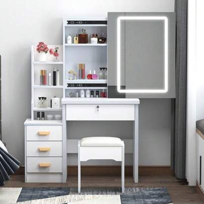 OYAJIA White Dressing Table Makeup Desk Vanity Set With Drawers LED Sliding Mirror, White Vanity Table With Drawers & Cushioned Stool For Bedroom Modern