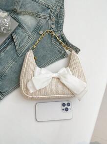 Fashion Solid Color Metal Chain & Straw Crescent Moon Women's Multifunctional Handbag With Bow, Scarf Decoration, Casual Straw Beach Bag, Clutch Purse, Cute Bow Bag For Women