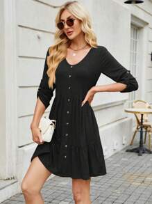 Women's V-Neck Button-Front Babydoll Dress With 3/4 Sleeves And Tiered Ruffle Hem