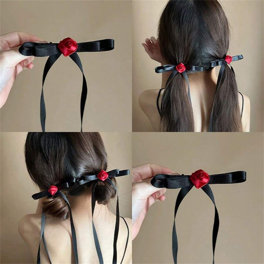2 piezas Sujetadores para el cabello tipo lazo con cinta de rosa, pinzas para el cabello, accesorios para el cabello nuevos 2025