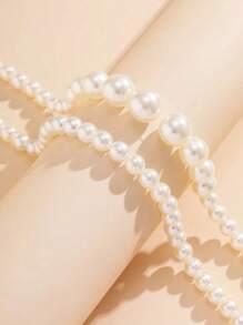 2 Pcs Elegant Multilayer Pearl Beaded Necklace - White - View 2