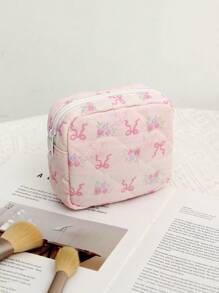 1Pc Pink Bow Knot And Floral Pattern Quilted Multifunctional Cosmetic Organizer Handbag Bath Shower Wallet Pouch Portable Cosmetics Brush Storage Clutch With Zipper Closure For Lipstick, Brush, Skincare, Mobile Phone, Coin, Small Items, For Home, Travel, Vacation And School Use,Makeup Bag Makeup Travel Essentials Travel Accessories Travel Must Haves