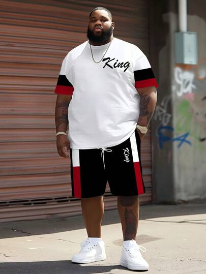 Plus Size Patchwork Color Block KING Graphic Tee Set | 3D Print Round Neck Top | Stretchy Breathable Polyester | Casual Sports Style | Plus Size Loose Fit | Suitable For Daily Gathering