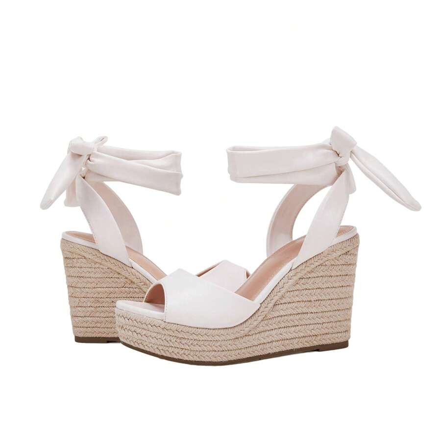 Womens Espadrille Wedge Sandals Open Toe Lace Up Platform Ankle Strap Summer Heels - 酷白色 - 查看 1