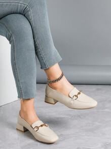 Zapatos casuales versátiles de trabajo de tacón grueso color albaricoque para mujer, mocasines de punta cuadrada