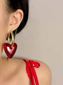 1 Pair Vintage Bold Red Heart Hoop Earrings, Fashionable & Minimalist Design, Versatile Accessory Suitable For Daily Or Party Wear, Perfect For Women & Valentine's Day