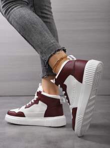 Spring/Autumn New White Canvas Mid-Top Sneakers, Women Athletic Shoes, Casual Sports Shoes, Fashionable & Versatile For Travel, Ice Skating - Burgundy - View 4