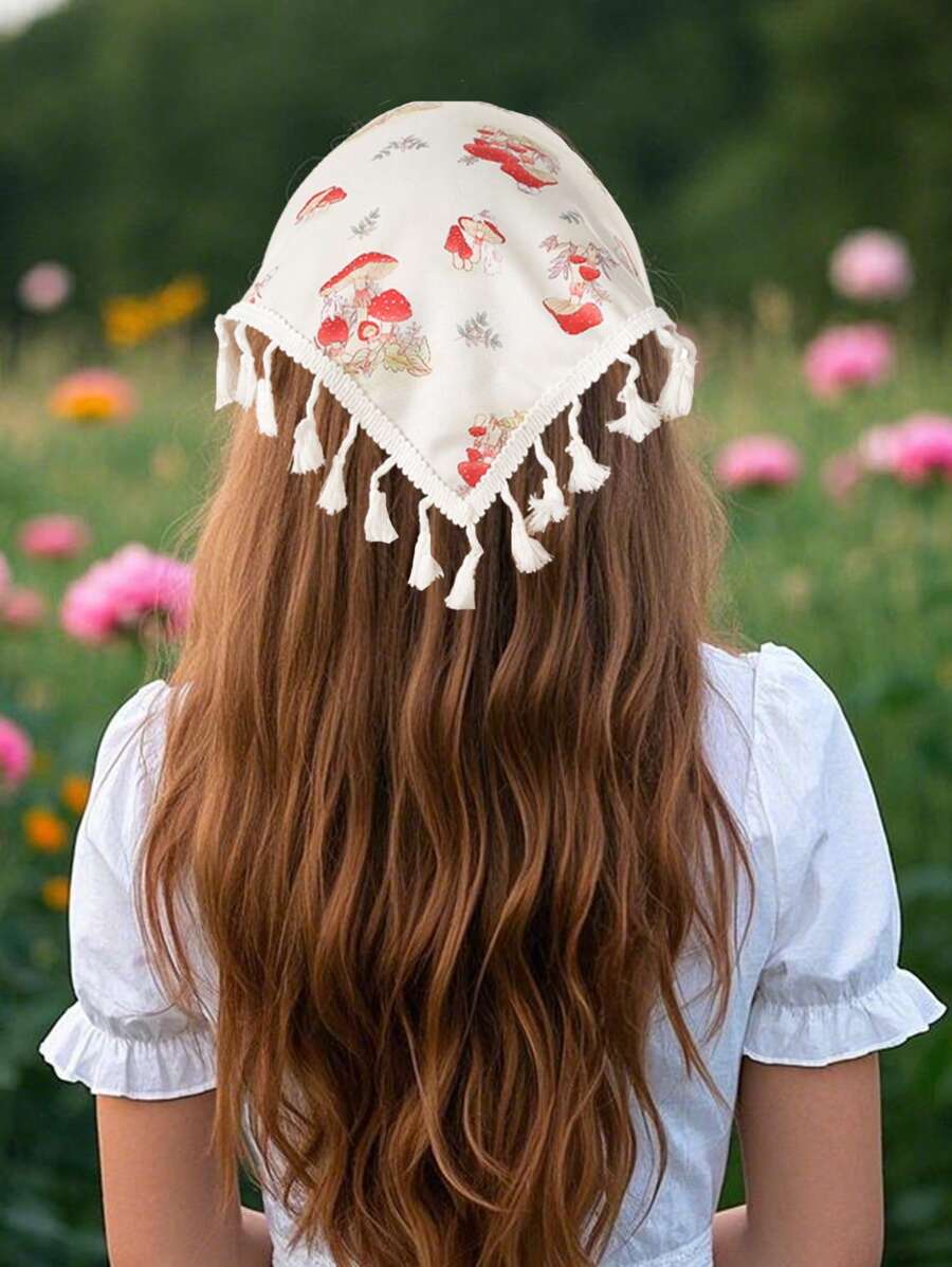 1 件蘑菇印花流苏领带三角围巾，波西米亚风格，适合音乐节服装