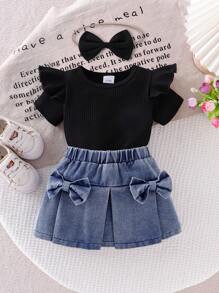 Baby Girl 3pcs Set: Black Ribbed Cap Sleeve Shirt, Butterfly Decor Elastic Waist Denim Skirt And Hair Tie Suit