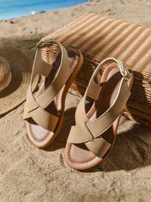 女士夏季平底防滑金属扣凉鞋，轻便时尚 - 卡其色 - 查看 4