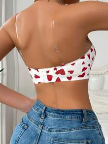 Women's Seamless Strapless Heart Print Non-Slip Bandeau Bra - Red and White - View 2